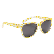 Sunglasses with a transparent yellow frame featuring a sun pattern and dark lenses, designed for kids.