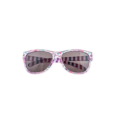Sunglasses with a floral pattern and dark lenses, featuring a striped design on the sides.
