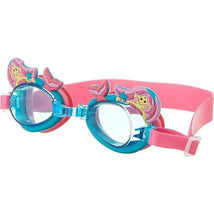 Swim goggles designed for children with a mermaid theme, featuring colorful details and a pink adjustable strap.