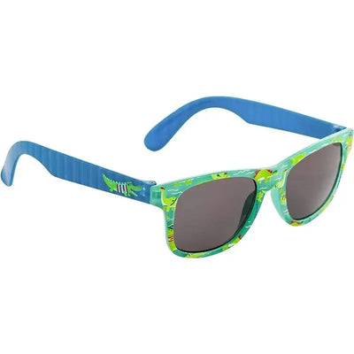 Toddler sunglasses featuring a colorful dinosaur design with light blue arms and dark lenses.