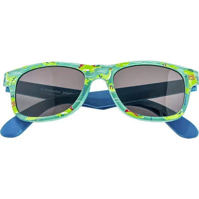 Toddler sunglasses by Stephen Joseph featuring a blue frame with colorful dinosaur patterns and dark lenses.