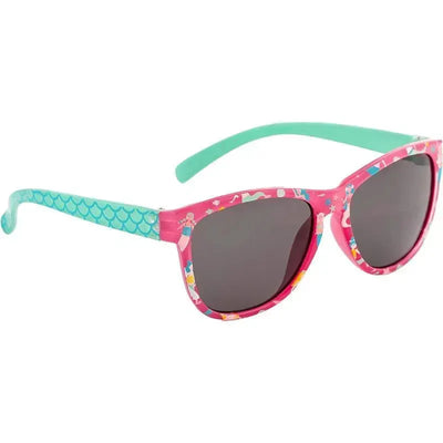 Toddler sunglasses featuring a colorful mermaid design with pink frames and teal arms, ideal for sun protection.