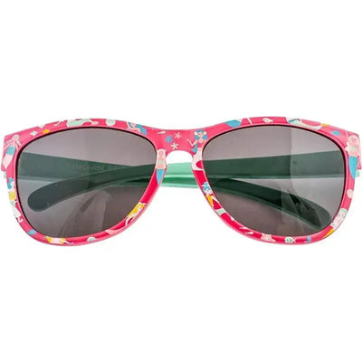 Toddler sunglasses featuring a pink frame adorned with mermaid and ocean-themed graphics and dark lenses.