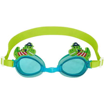 Toddler swim goggles designed with a dino pirate theme, featuring green frames, blue lenses, and playful dinosaur accents.