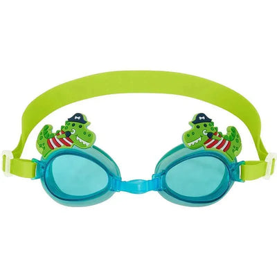 Toddler swim goggles designed with a dino pirate theme, featuring green frames, blue lenses, and playful dinosaur accents.