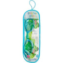 Toddler swim goggles with a dino pirate design, featuring UV protection and anti-fog technology, packaged in clear plastic.