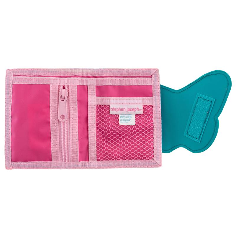A pink Stephen Joseph wallet featuring butterfly-shaped closure, zippered pocket, and mesh compartment.