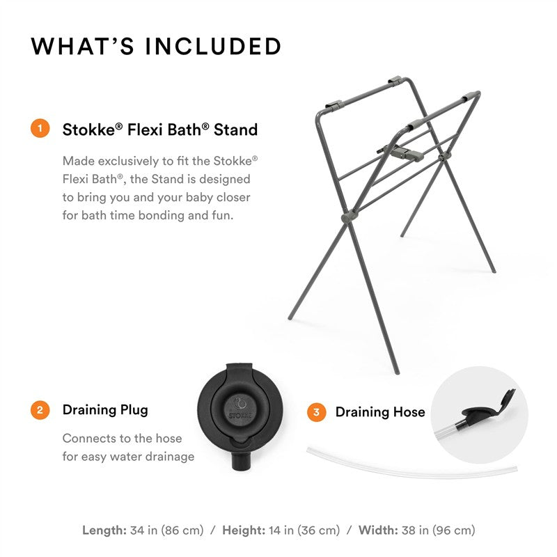 Stokke Flexi Bath Stand in grey, designed for bath time bonding, alongside a draining plug and hose for easy water drainage.
