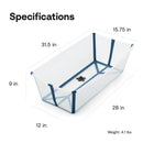 X-Large Stokke Flexi Bath Tub in Ocean Blue with dimensions and specifications displayed, highlighting its design and weight.