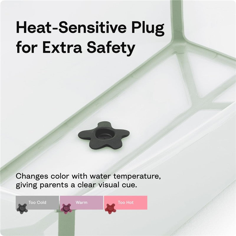 Heat-sensitive plug in Stokke Flexi Bath X-Large shows color changes for water temperature safety: too cold, warm, too hot.