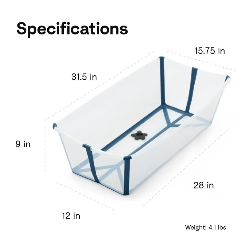 Stokke Flexi Bath X-Large in White Grey with dimensions and weight listed: 31.5 in x 15.75 in x 9 in, 4.1 lbs.