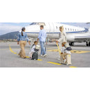 A family walks towards a private jet, each child riding a Stokke Jetkids travel case in coral pink and gray.