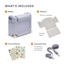 Stokke Jetkids™ Bedbox™ in Arctic Blue, includes a BedBox, washable mattress, themed stickers, and an adjustable strap.