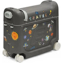 Stokke Jetkids™ Bedbox™ in Midnight Grey features a playful space-themed design with colorful stickers and wheels for mobility.