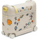 Stokke Jetkids Bedbox in Moonglow White with colorful space-themed stickers and a yellow handle. Ideal for travel.
