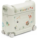 Stokke Jetkids™ Bedbox™ in sea green with travel-themed stickers and wheels for easy mobility.