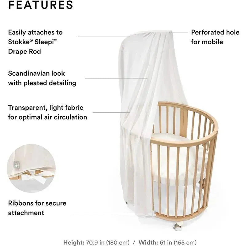 Stokke Sleepi Canopy in White, featuring a Scandinavian design, transparent fabric for airflow, and secure ribbons for attachment.