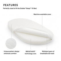 Stokke Sleepi mattress in white with a machine-washable cover, showcasing unique pattern design and breathable core features.