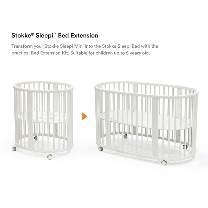 Stokke Sleepi™ Bed Extension in white, showcasing two oval cribs: a smaller crib on the left and a larger crib on the right.