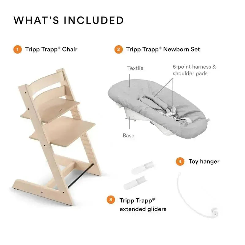 Tripp Trapp® Natural W Newborn set includes a natural wooden chair, newborn seat with harness, extended gliders, and a toy hanger.