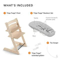 Tripp Trapp® Natural W Newborn set includes a natural wooden chair, newborn seat with harness, extended gliders, and a toy hanger.