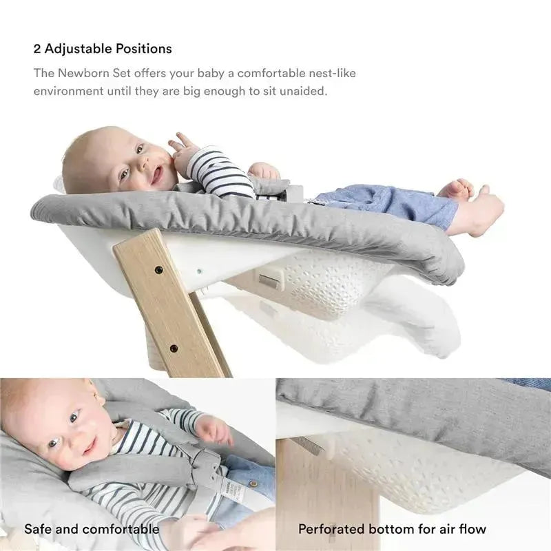 Stokke Tripp Trapp® Natural Newborn Set features a baby in a comfortable, adjustable seat with a grey cushion and safety harness.