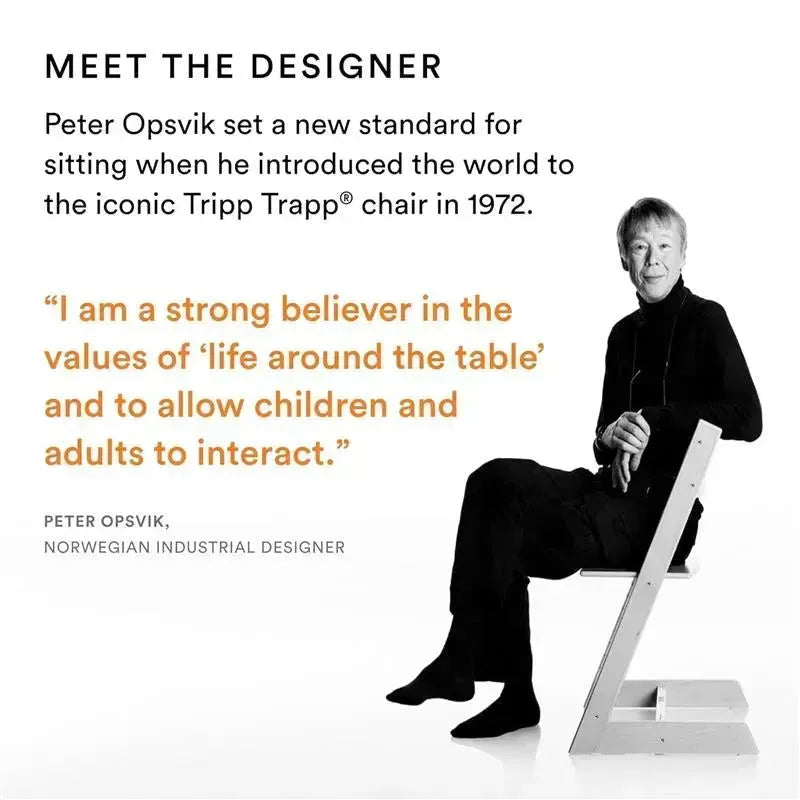 Peter Opsvik, designer of the Tripp Trapp® chair, seated, reflecting on the importance of dining together.
