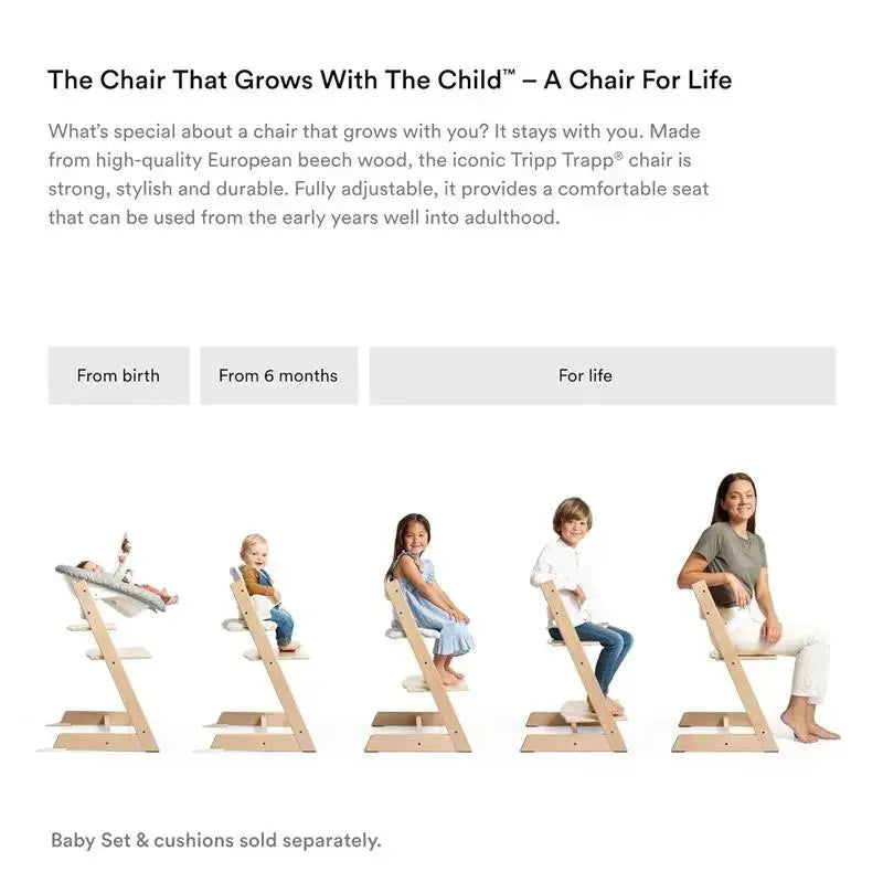 Tripp Trapp® chair shown with users of different ages, highlighting its adjustable design for various stages of growth.