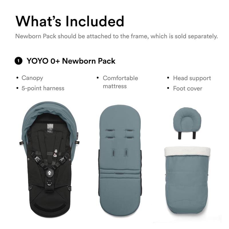 Yoyo 0+ Newborn Pack in Aqua, featuring a canopy, 5-point harness, comfortable mattress, head support, and foot cover.