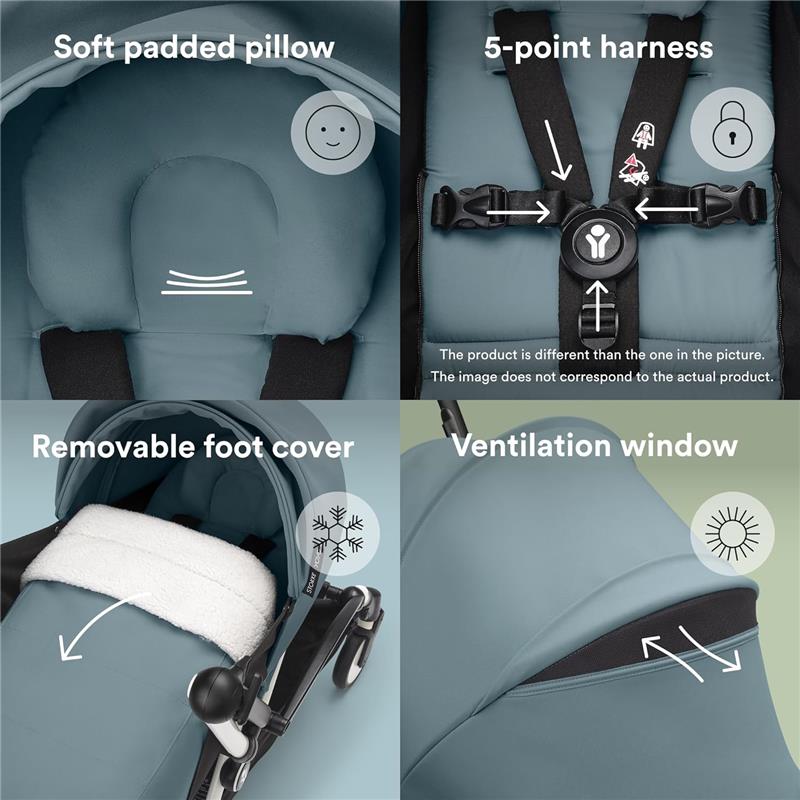 Stokke Yoyo 0+ Newborn Pack in Aqua features soft padded pillow, 5-point harness, removable foot cover, and ventilation window.