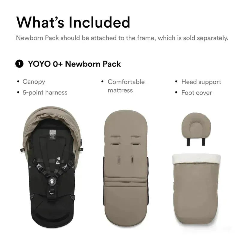 Stokke Yoyo 0+ Newborn Pack in taupe, featuring a canopy, 5-point harness, comfortable mattress, head support, and foot cover.