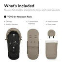 Stokke Yoyo 0+ Newborn Pack in taupe, featuring a canopy, 5-point harness, comfortable mattress, head support, and foot cover.