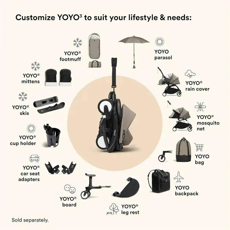 Stokke Yoyo 0+ Newborn Pack in taupe, featuring customization options like footmuff, rain cover, and cup holder.