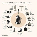 Stokke Yoyo 0+ Newborn Pack in taupe, featuring customization options like footmuff, rain cover, and cup holder.