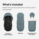 Newborn Pack components for Stokke Yoyo 0+, including a canopy, mattress, head support, and foot cover in toffee color.