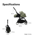 Stokke Yoyo 0+ Newborn Pack in Toffee with specifications for height, width, length, and weight displayed.