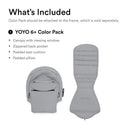 Stokke Yoyo 6+ Color Pack in Stone includes a canopy with viewing window, padded seat cushion, and zippered back pocket.