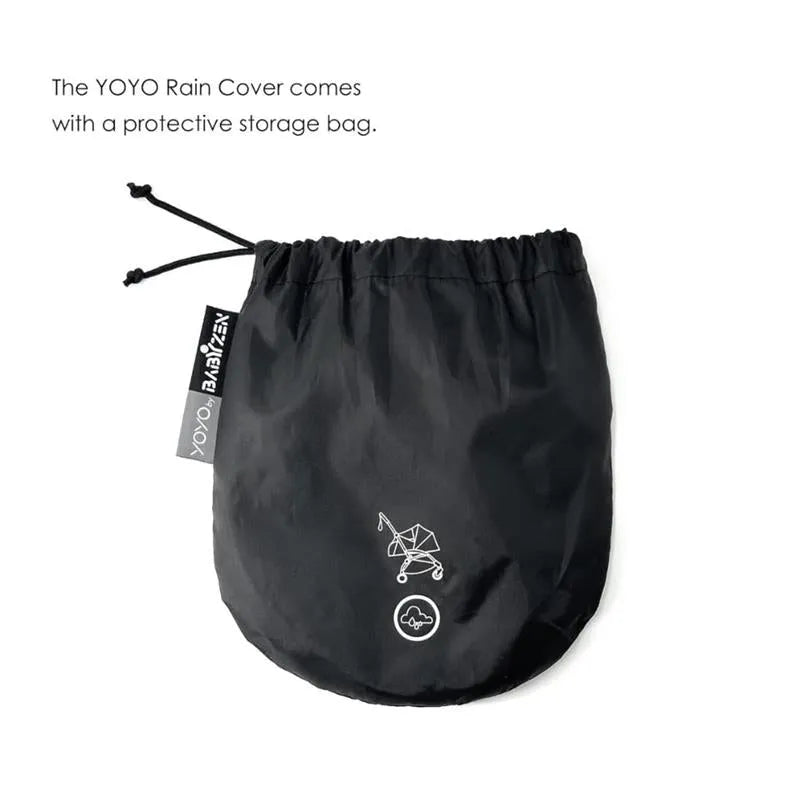Black storage bag for the Stokke Yoyo 6+ Rain Cover, featuring a stroller graphic and drawstring closure.