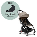 Stokke Yoyo³ stroller in black frame with taupe seat, featuring a free leg rest promotion.