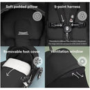 Stokke Yoyo³ stroller features a soft padded pillow, 5-point harness, removable foot cover, and ventilation window.