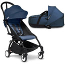 Stokke Yoyo³ stroller in black frame with a navy color pack and bassinet, designed for infants 6 months and older.