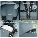 Soft padded pillow, 5-point harness, removable foot cover, and ventilation window features of the Stokke Yoyo³ stroller.