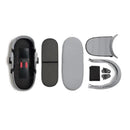Stokke Yoyo³ stroller bundle components: black frame, stone color pack, stone bassinet, and additional parts arranged neatly.