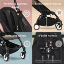 Stokke® YOYO³ Frame in black, featuring a perforated backrest, 22 lbs capacity basket, reflective wheels, and a 5-point harness.