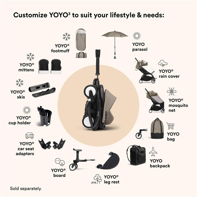 Stokke® YOYO³ Frame in black, showcasing customizable accessories for lifestyle needs, including a rain cover, cup holder, and more.