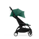 Compact stroller with a black frame and green canopy, designed for easy mobility and comfort.