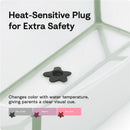 Heat-sensitive plug for Stokke® Flexi Bath® changes color with water temperature, ensuring safe bathing for infants.