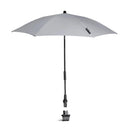 Stokke® YOYO® Parasol in stone color with a black adjustable arm and attachment clip for stroller use.