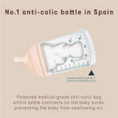 Suavinex 2Pk Zero Zero Anti-Colic Baby Bottle, 9 oz, features a medical-grade anti-colic bag that contracts while sucking.