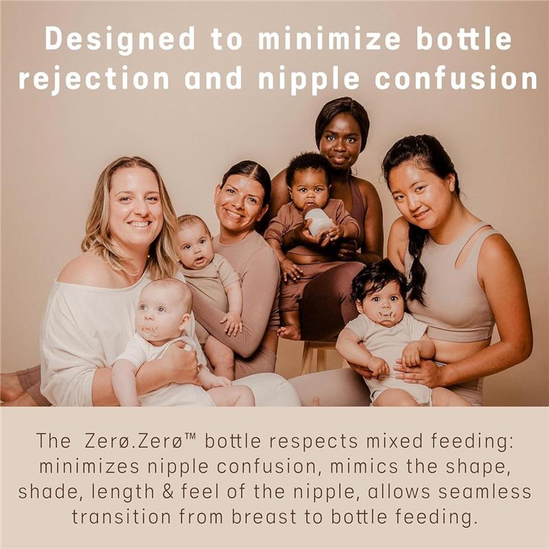 Suavinex 2Pk Zero Zero Anti Colic Baby Bottle set with two 9 oz bottles, featuring medium flow nipples, and mothers with babies.